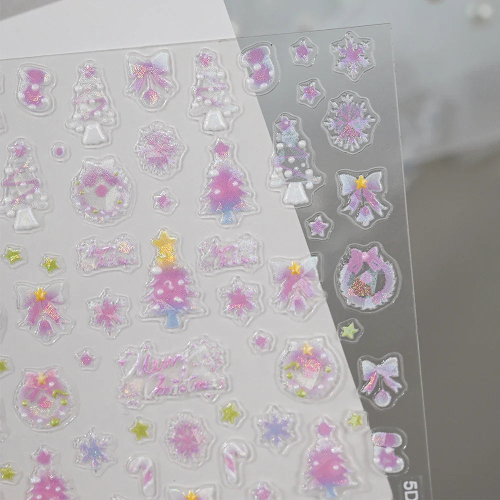 1pcs Pink Christmas Nail Stickers Shiny Shell Light Nail Art Parts Stickers Cute Snowflakes Star Wreath Nail Decorations Decals* (ONLINE ORDER ONLY)