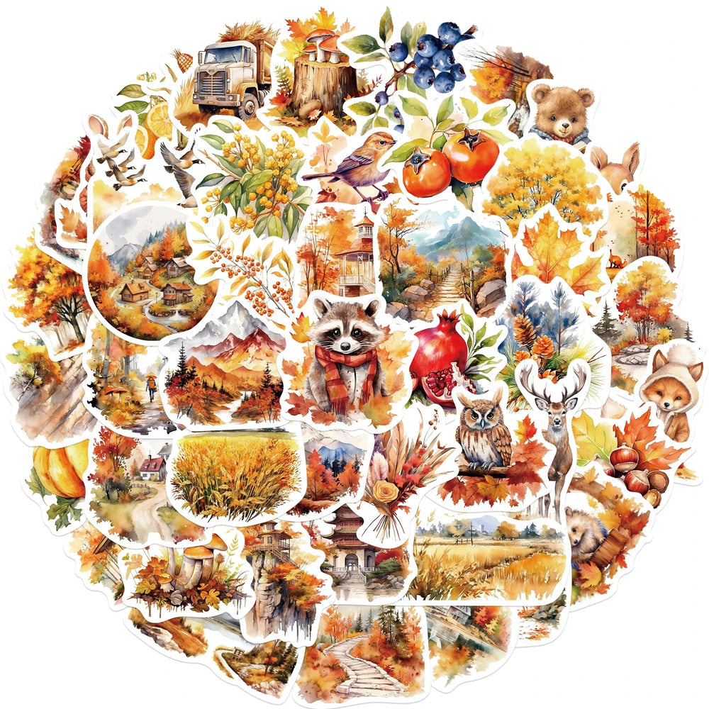 50pcs Waterproof Graffiti Cute Cartoon Autumn Animals Foods Stickers For Laptop Water Bottle Luggage Notebook Vinyl Decals﻿ (ONLINE ORDER ONLY)