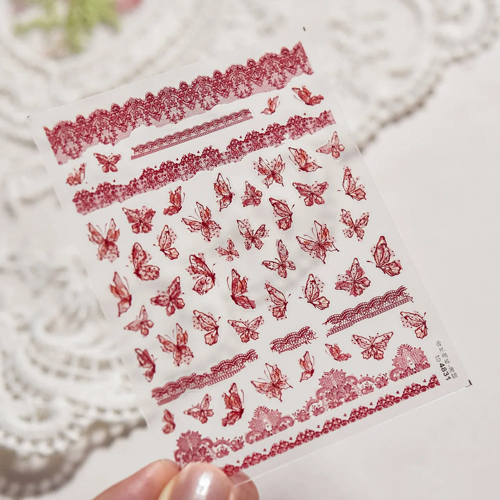 Lace Butterfly Hollow Out Fabric Romantic Flower Pattern Chic Adhesive Nail Art Sticker Rhinestone Manicure Decals Nail Supplies (ONLINE ORDER ONLY)