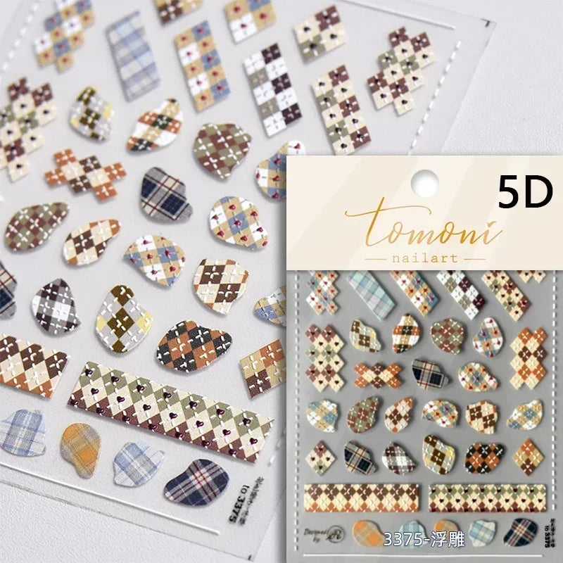 Geometric French Style Colorful Square Grid Rhombus Line Stripe Bowknot 3D Self Adhesive Nail Art Stickers Shiny Manicure Decals (ONLINE ORDER ONLY)