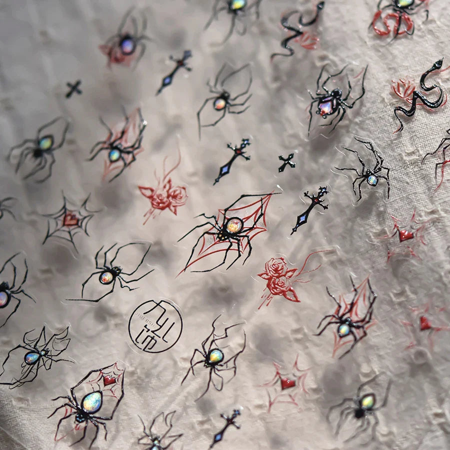 Cat Eye Halloween Terror Spider Cross Rose Love Heart Flower Snake Web Candy Bunny Thrilling Nail Art Stickers Manicure Decals (Online Order Only)