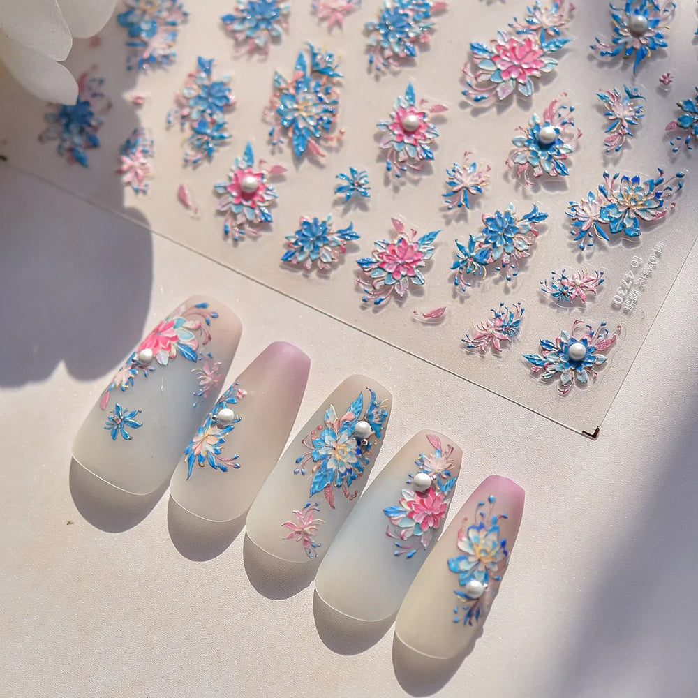 Delicate Shiny Pink Flower Blue Hairpin with Flower Decoration Self Adhesive Nail Art Stickers Pearl Rhinestone Manicure Decals (Online Order Only)