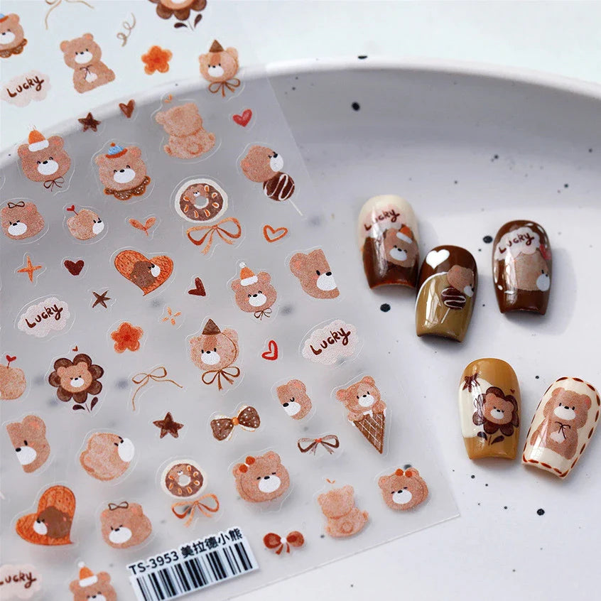 Cute Bear Teddy Birthday Party Maillard Bear Cake Flower Bouquet Lucky Love Heart 5D Adhesive Nail Art Sticker Manicure Decals (Online Order Only)