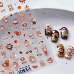 Cute Bear Teddy Birthday Party Maillard Bear Cake Flower Bouquet Lucky Love Heart 5D Adhesive Nail Art Sticker Manicure Decals (Online Order Only)