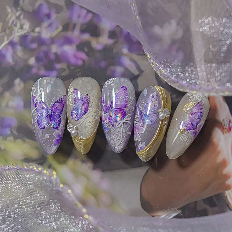 Delicate Tender Purple Butterfly Seal Pattern Insect Shiny Golden Stroke Nail Art Decoration Sticker Dressy Laser Manicure Decal (ONLINE ORDER ONLY)