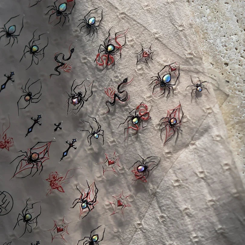 Cat Eye Halloween Terror Spider Cross Rose Love Heart Flower Snake Web Candy Bunny Thrilling Nail Art Stickers Manicure Decals (Online Order Only)