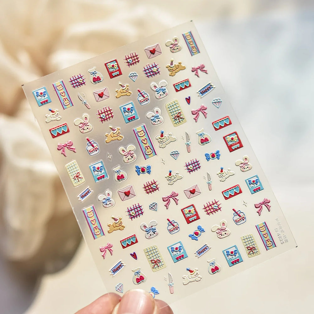 Graffiti Rabbit Dog Bunny Milk Strawberry Jewel Candy Knife Envelope Soft Relief Adhesive Nail Art Stickers Cute Manicure Decals (Online Order Only)