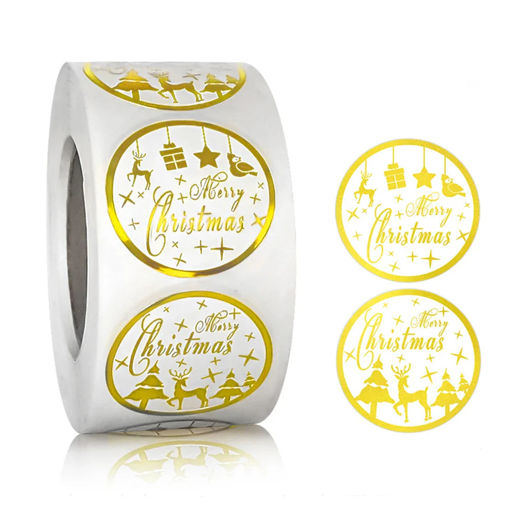 100-500pcs Round Merry Christmas Stickers Gold Foil Christmas Envelope Seals Holiday Stickers for Gift Boxes (Online Order Only)