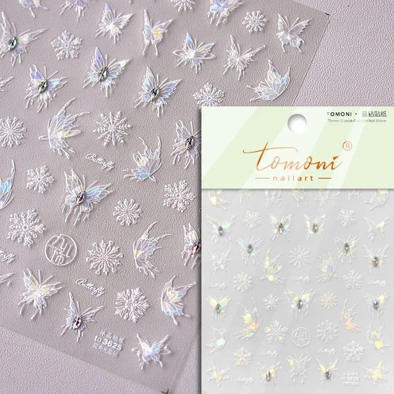 Shiny White Pink Blue Gold Snowflakes Hexagon Water Bubbles Winter 5D Self Adhesive Nail Art Stickers Rhinestone Manicure Decals (ONLINE ORDER ONLY)