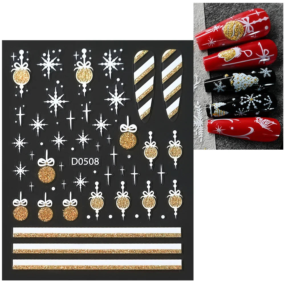 1pc Christmas Nail Sticker 3D Gold Glitter Snowflake Elk Penguin Bells Design Adhesive Nail Slider Decals Winter Manicure Decor* (Online Order Only)