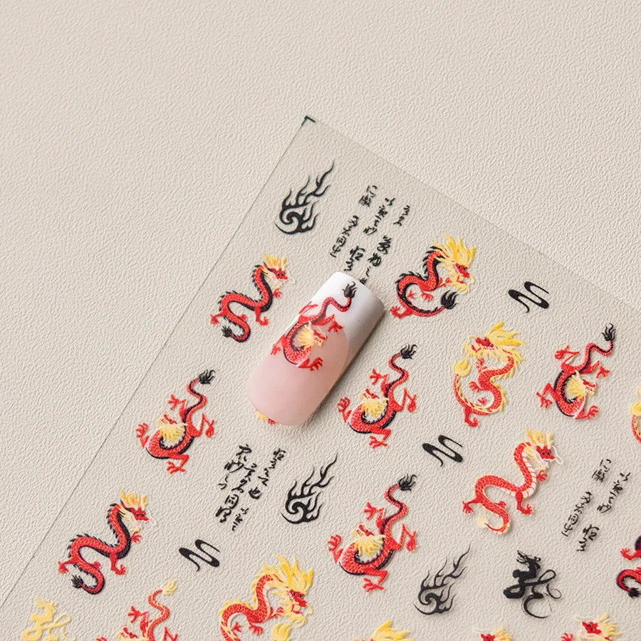 Retro Embroidered Dragon Red Pink Blue White Porcelain Chinese 3D Embossed Relief Self Adhesive Nail Art Stickers Manicure Decal (ONLINE ORDER ONLY)