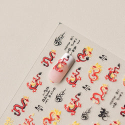 Retro Embroidered Dragon Red Pink Blue White Porcelain Chinese 3D Embossed Relief Self Adhesive Nail Art Stickers Manicure Decal (ONLINE ORDER ONLY)