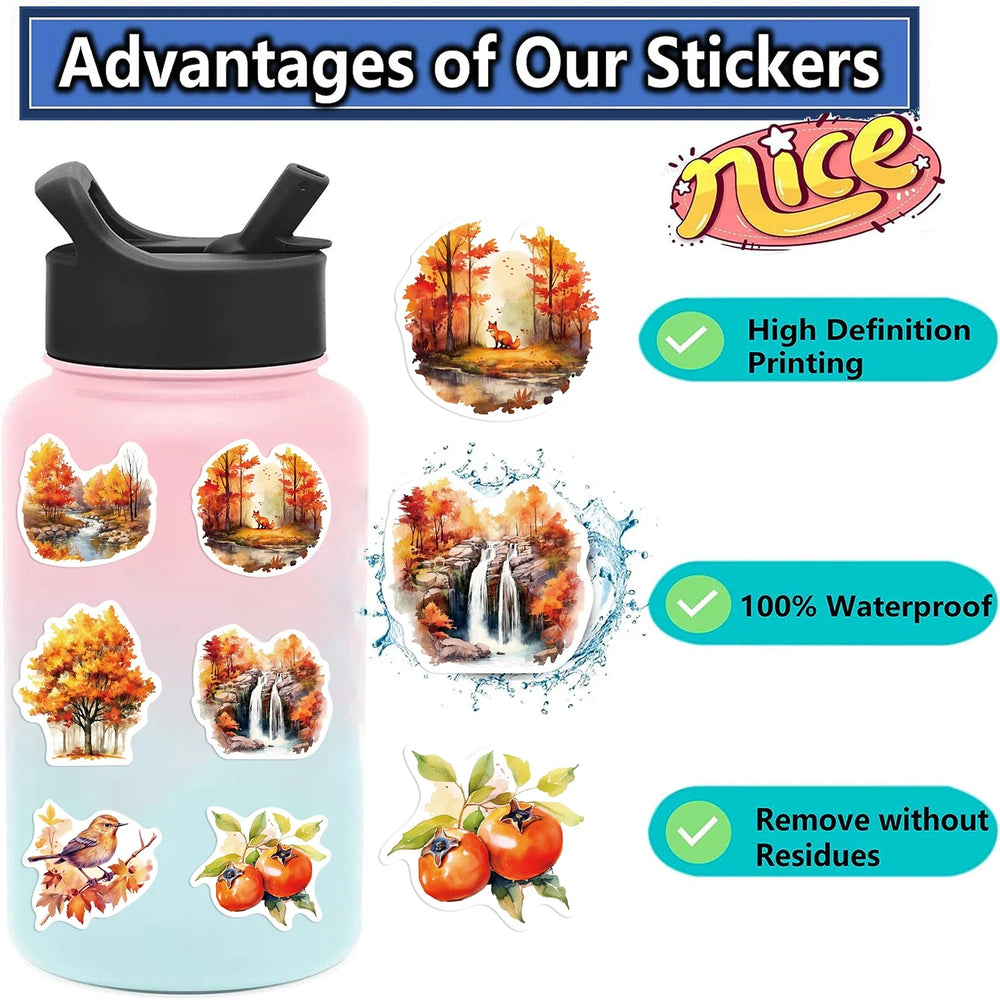50pcs Waterproof Graffiti Cute Cartoon Autumn Animals Foods Stickers For Laptop Water Bottle Luggage Notebook Vinyl Decals﻿ (ONLINE ORDER ONLY)