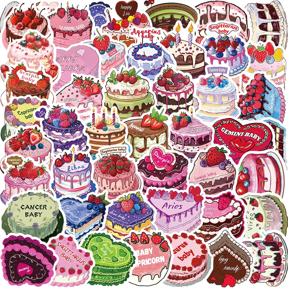 50pcs Cartoon Cake Zodiac Stickers Kawaii Waterproof Graffiti Vinyl Decals for laptop Guitar Suitcase Skateboard Kids Gift (ONLINE ORDER ONLY)