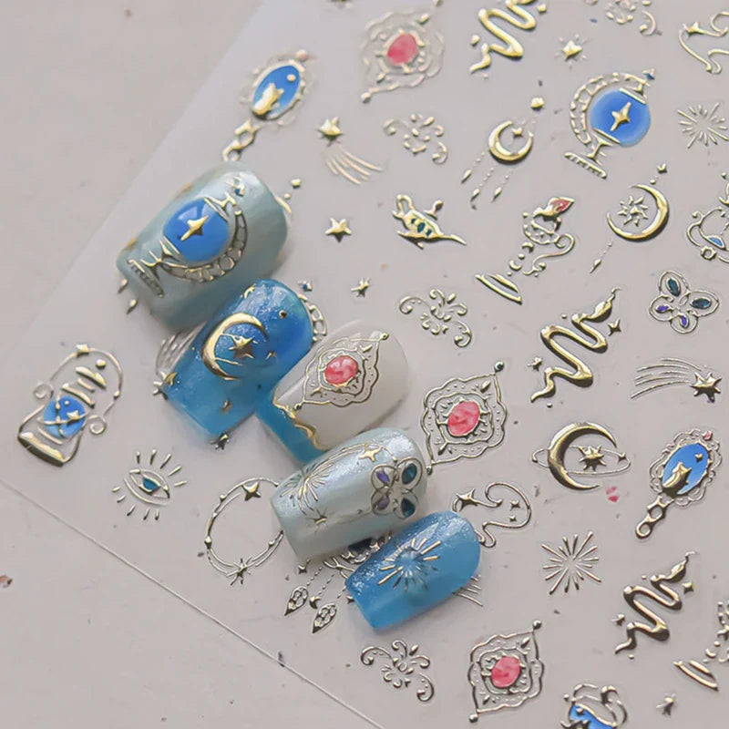 Metal Snake Flower Pattern Stars Eye Pot Moon Butterfly Story Retro Meteor Candle Hourglass Nail Art Sticker Manicure Tool Decal (ONLINE ORDER ONLY)