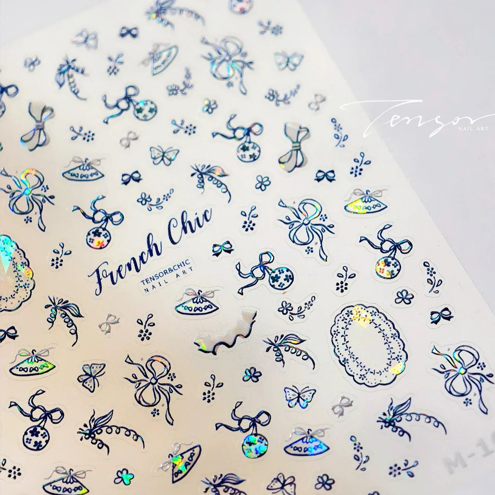 French Chic Blue Line Bowknot Fan Flower Leaves Butterfly Lace Frame Bell Shiny Self Adhesive Nail Art Stickers Manicure Decals (ONLINE ORDER ONLY)