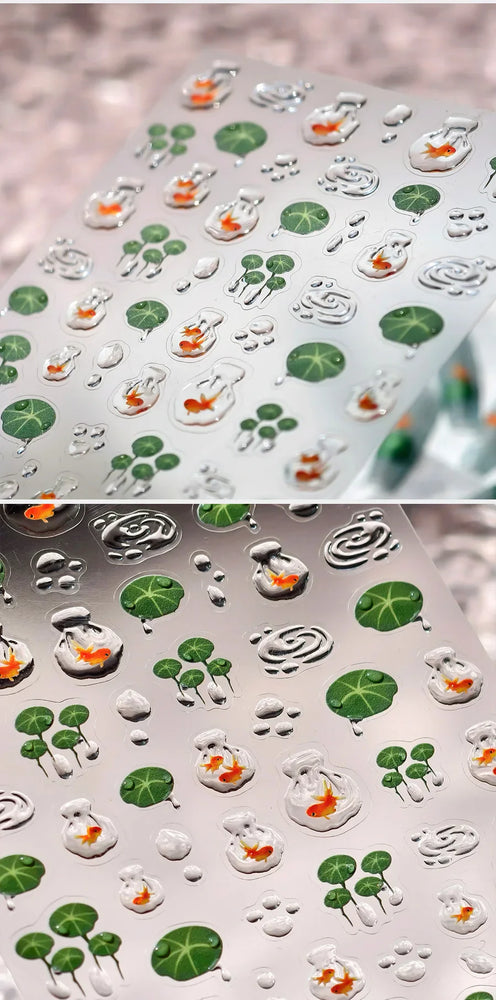 Lotus Flower Leaf Goldfish Ripple Wavelet Water Droplet Lotus Pond Brocaded Carp Self Adhesive Nail Art Stickers Manicure Decals (Online Order Only)