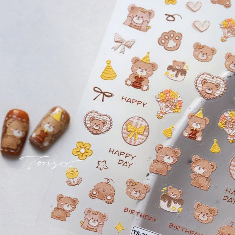 Cute Bear Teddy Birthday Party Maillard Bear Cake Flower Bouquet Lucky Love Heart 5D Adhesive Nail Art Sticker Manicure Decals (Online Order Only)