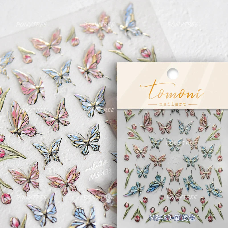 Chic Butterfly Flower Lily Lilium Narcissus Line Beautiful Blue Pearl Self Adhesive Nail Art Stickers Decorations Manicure Decal (Online Order Only)