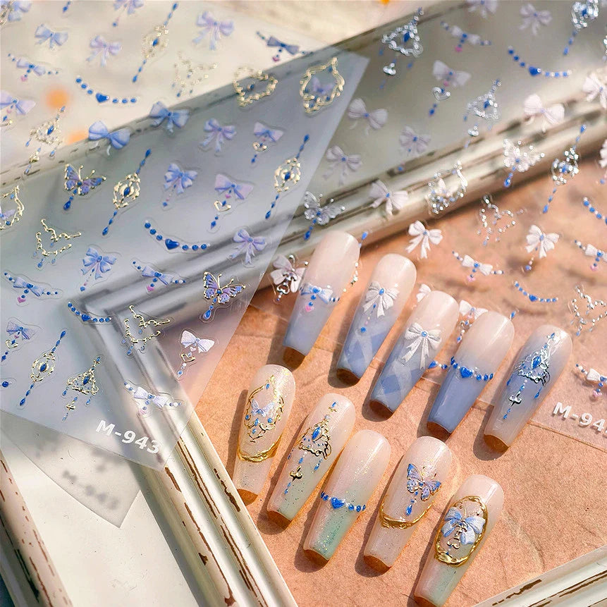 Retro Blue Bowknot Butterfly Love Heart Pendent Hot Stamping Gold Silver Adhesive Nail Art Stickers Manicure Decals Wholesale (Online Order Only)