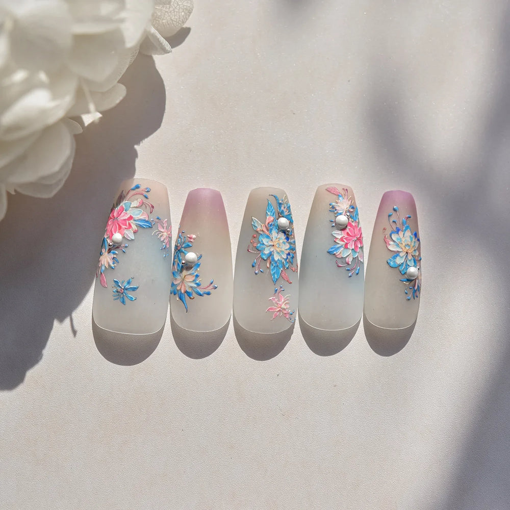 Delicate Shiny Pink Flower Blue Hairpin with Flower Decoration Self Adhesive Nail Art Stickers Pearl Rhinestone Manicure Decals (Online Order Only)