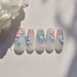 Delicate Shiny Pink Flower Blue Hairpin with Flower Decoration Self Adhesive Nail Art Stickers Pearl Rhinestone Manicure Decals (Online Order Only)