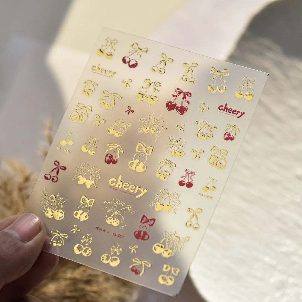 Colourful Cherry Abundant Fruits Bowknot Shiny White Line Outline Self Adhesive Nail Art Stickers Chic Rhinestone Manicure Decal (ONLINE ORDER ONLY)