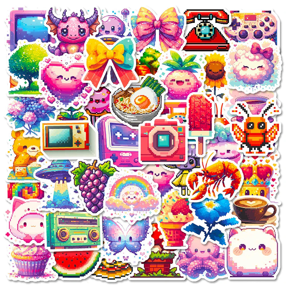 Cute Pink Pixel Cartoon Stickers for Laptop, Phone, Fridge, Notebook - 10/30/50pcs (Online Order Only)