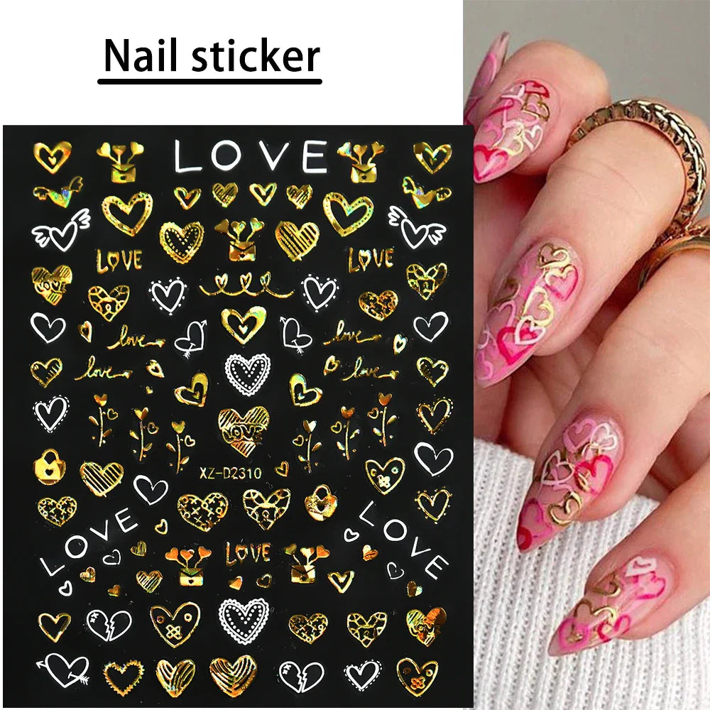 12pcs 3D Golden Glitter Heart Love Nail Stickers Valentine Self Adhesive Cute Cartoon Decal Geometry Slider Manicure Decoration* (ONLINE ORDER ONLY)