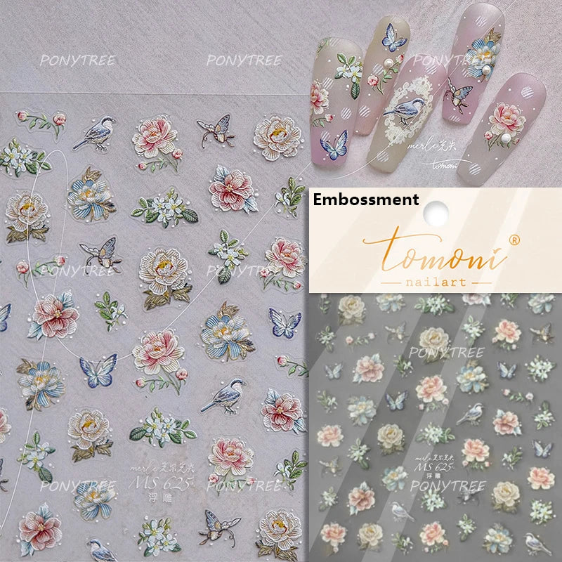 Oil Painting Style Rose Camellia Flower Vase Romantic Candle Holder Bowknot Embossed Adhesive Nail Art Stickers Manicure Decals (ONLINE ORDER ONLY)