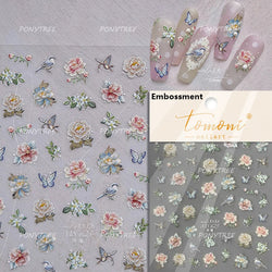 Oil Painting Style Rose Camellia Flower Vase Romantic Candle Holder Bowknot Embossed Adhesive Nail Art Stickers Manicure Decals (ONLINE ORDER ONLY)