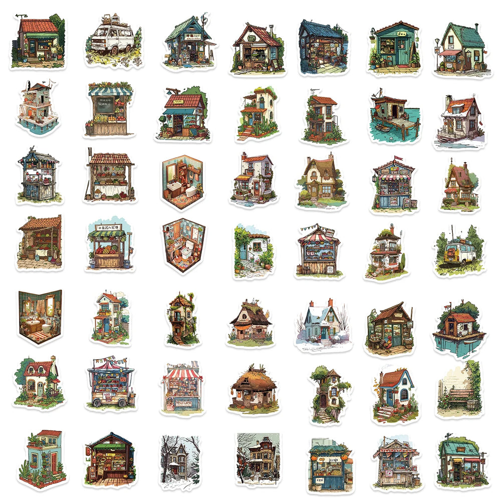 50pcs Vintage Retro Small House Stickers For Scrapbook Phone Laptop Guitar Stationery DIY Waterproof Sticker Decals Kids Toy (Online Order Only)
