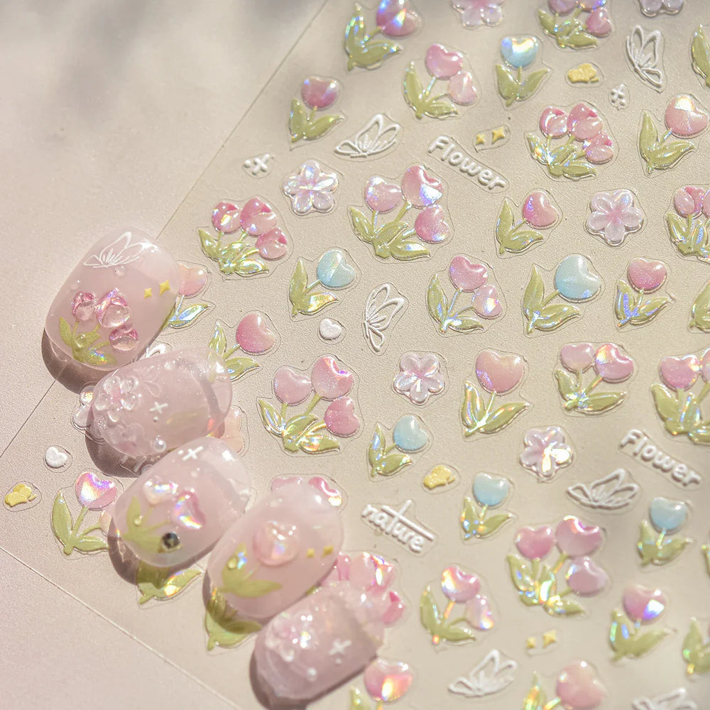 Cute  Pink Blue Nature Tulip Star Heart Butterfly Peach Blossom Jelly Embossed Relief Adhesive Nail Art Stickers Manicure Decals (ONLINE ORDER ONLY)