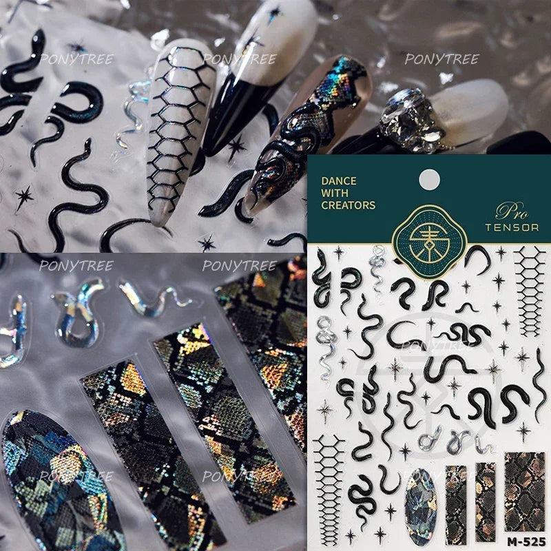 Chic Purple Serpent Flower Winding Snake Elements Shiny Dreamy Animals Self Adhesive Nail Art Sticker Embossment Manicure Decals (ONLINE ORDER ONLY)