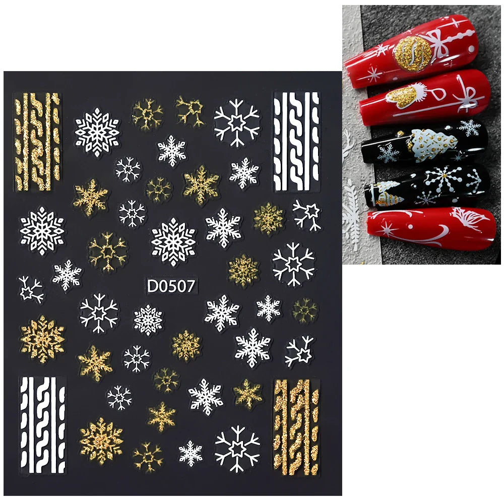 1pc Christmas Nail Sticker 3D Gold Glitter Snowflake Elk Penguin Bells Design Adhesive Nail Slider Decals Winter Manicure Decor* (Online Order Only)