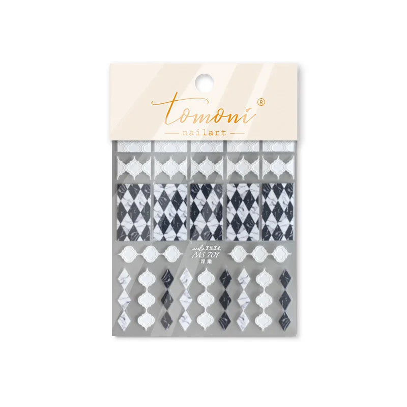 French Style Geometric Black White Square Grid Rhombus Stripe 3D Self Adhesive Nail Art Stickers Shiny Rhinestone Manicure Decal (ONLINE ORDER ONLY)