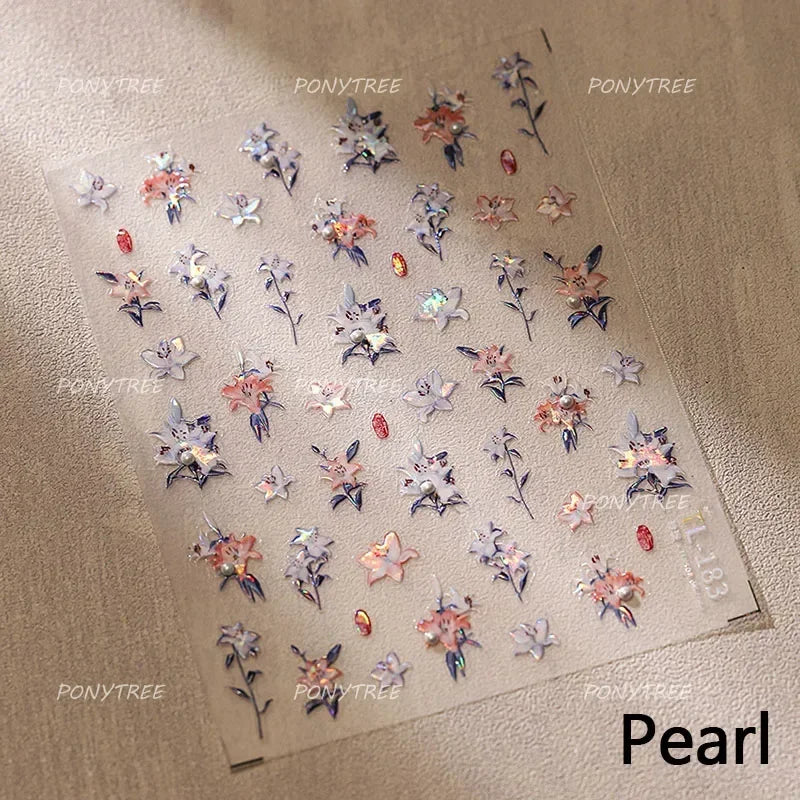 Spotless Lily Lilium Flowers Moon Pearl Crown Lily-white Pearl Necklace Pendant Self Adhesive Nail Art Stickers Manicure Decals (Online Order Only)