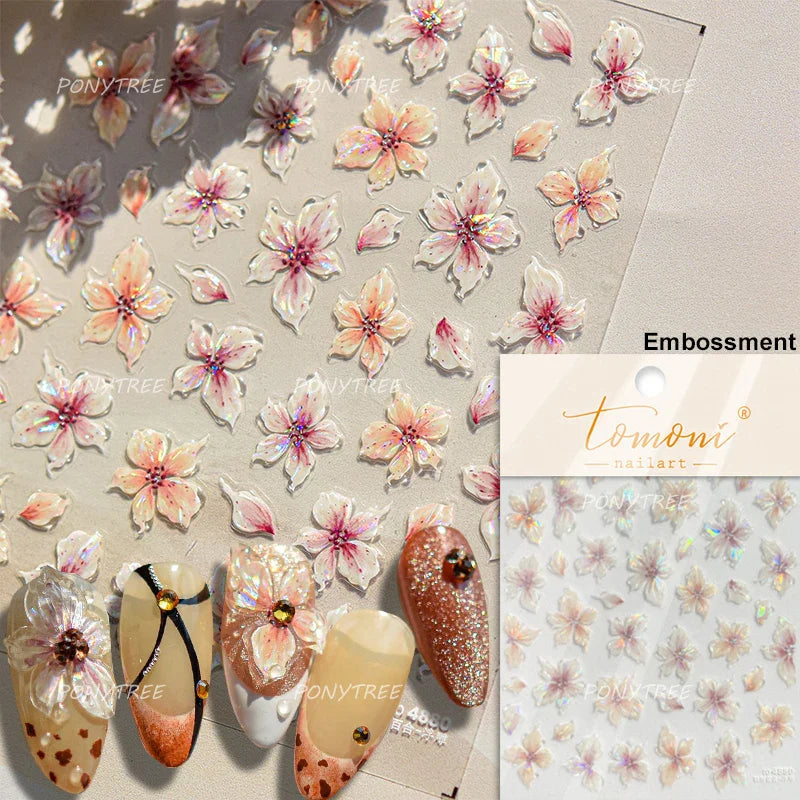 Spring Living Peach Blossom Flower Branch Petal Antique Soft Relief Adhesive Chinese Characters Nail Art Sticker Manicure Decals (ONLINE ORDER ONLY)
