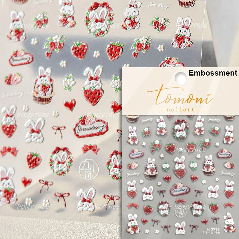 Pink Juicy Strawberry Fruit Cutting Line Ribbon Bowknot Star Happy Sweet Lovely Fruits Delicate Nail Art Stickers Manicure Decal (ONLINE ORDER ONLY)