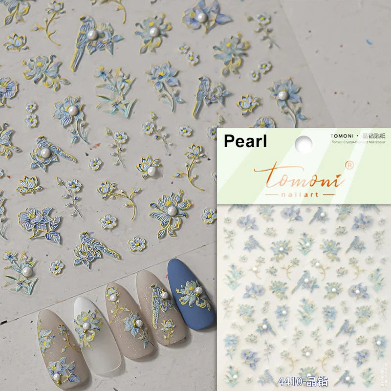 Dried Flowers Rose Butterfly Love Heart Golden Stroke Flying Crane Silver Adhesive Nail Art Stickers Rhinestone Manicure Decals (ONLINE ORDER ONLY)