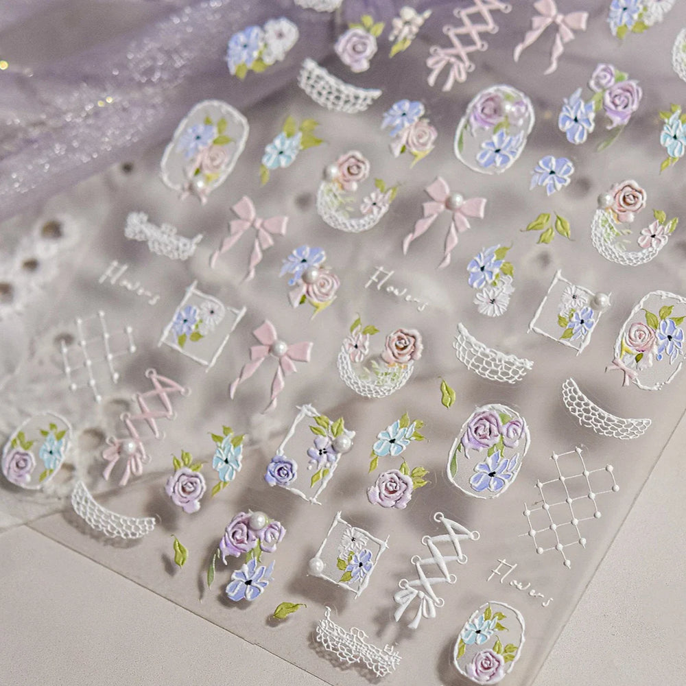 Rose Flower Bouquet Leaves Lace Bowknot Pearl Photo Frame Gird Embossed Reliefs Self Adhesive Nail Art Stickers Manicure Decals (ONLINE ORDER ONLY)