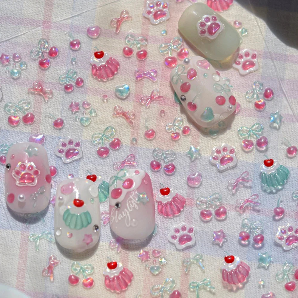Colored Shiny Jelly Claw Paw Pudding Dessert Cherry Bowknot Cake Bow Tie Drink Food Love Heart Nail Art Sticker Manicure Decal (ONLINE ORDER ONLY)