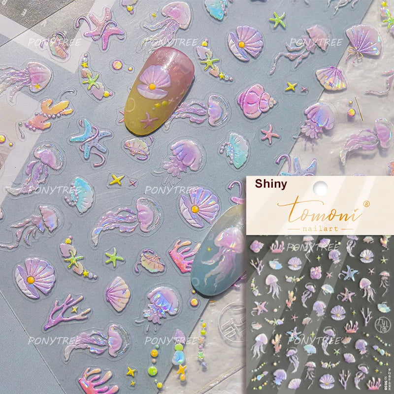 Marine Shell Starfish Ocean Elements Pearl Star Fishing Net Colourful Underwater Organisms 5D Nail Art Stickers Manicure Decals (Online Order Only)