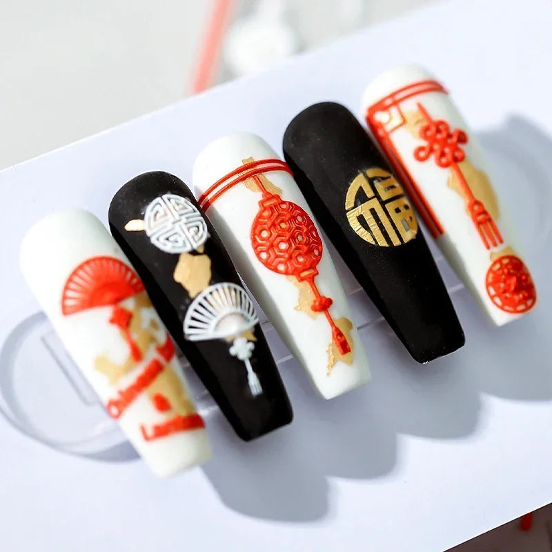 Red Lantern Tradition Design Soft Reliefs Nail Art Stickers Lion 3D Ancient Chinese Knot 5D Self Adhesive Nail Decals Wholesale (ONLINE ORDER ONLY)