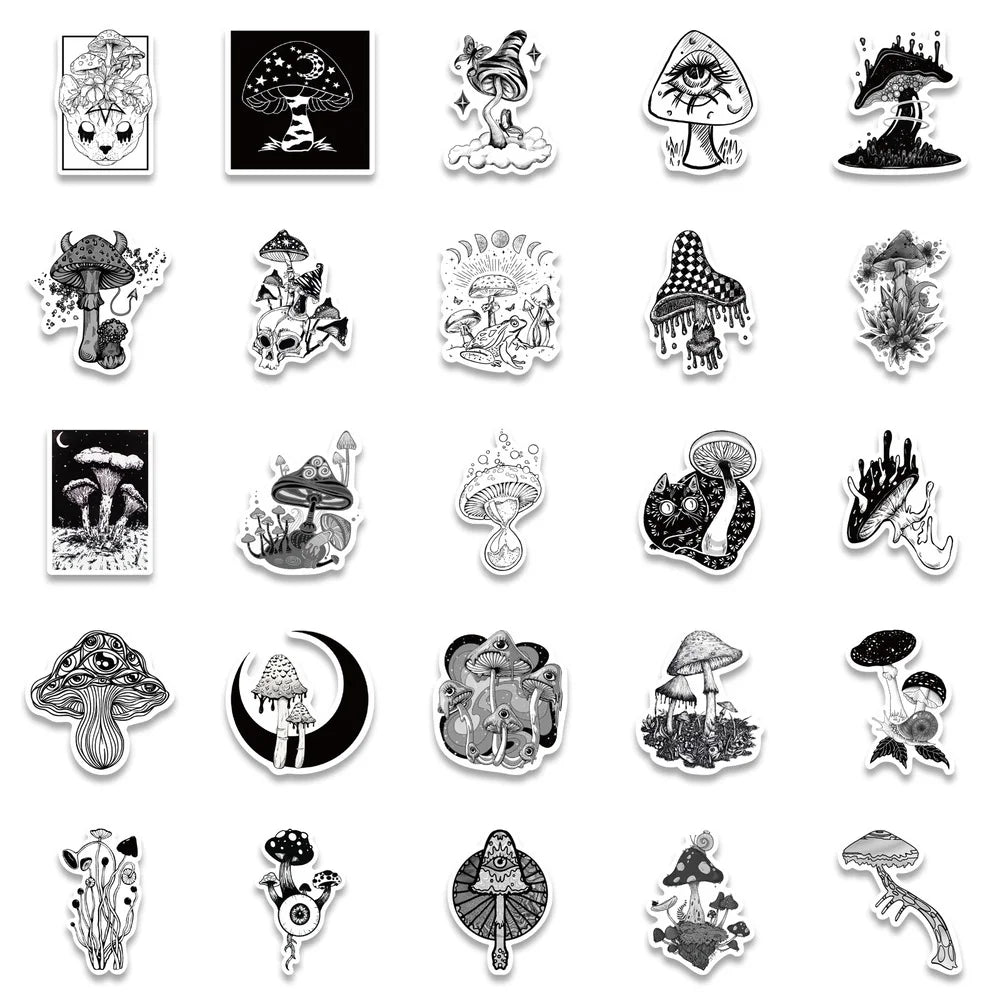 10/50pcs Funny Anime Psychedelic Mushroom Sticker Cute Black and White Magic Plant Stickers Phone Laptop Stickers Decals (ONLINE ORDER ONLY)