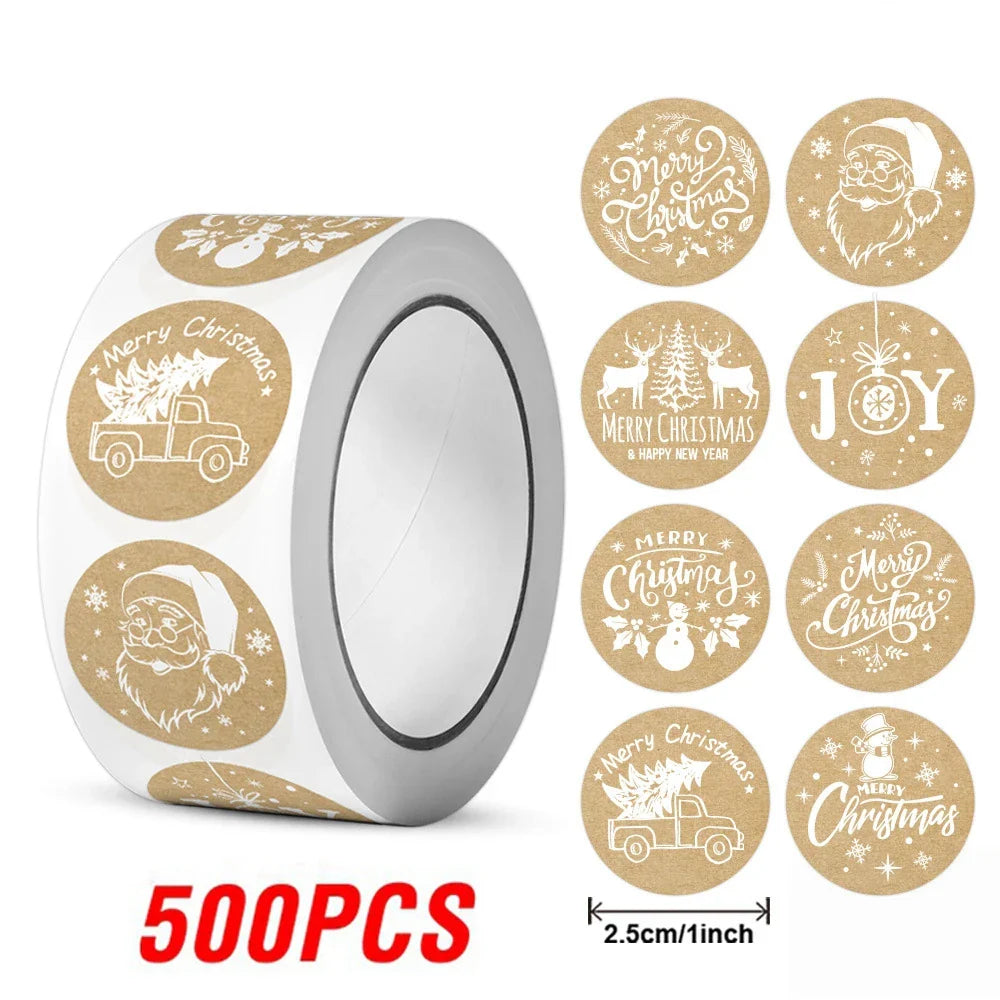 100-500pcs Kraft Paper Christmas Stickers New Year Thank You Stickers Christmas Decoration  For Card Gift Box Package 1inch (ONLINE ORDER ONLY)