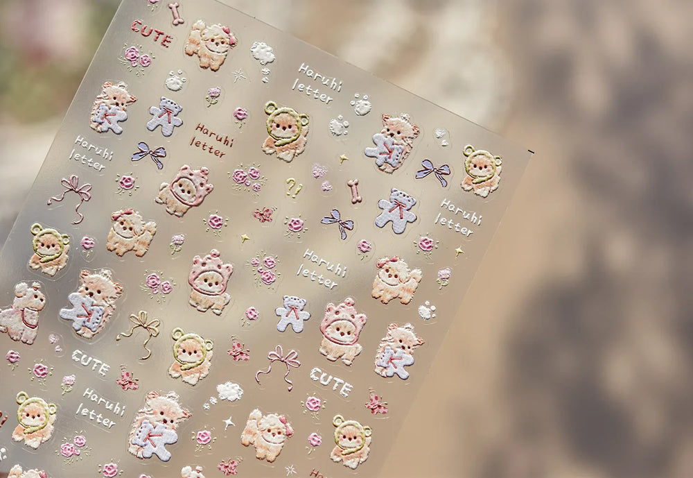 Spring Dog Bear Toy Rose Flower Floral Print Letter Bone Butterfly Cat Puppy Relief Adhesive Nail Art Stickers Manicure Decals (Online Order Only)