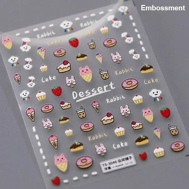 Colorful Food Pudding Alkali Water Bowknot Cream Fork Cup Bread Jelly Fruit Cartoon Cake Relief Nail Art Sticker Manicure Decals (ONLINE ORDER ONLY)