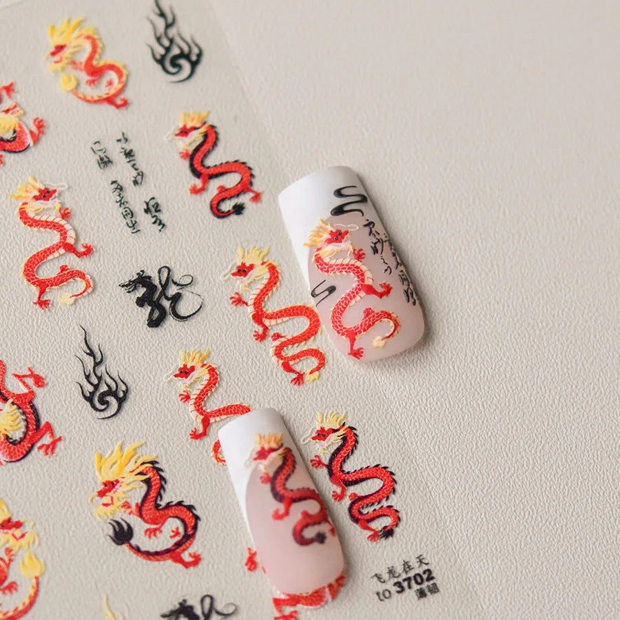 Retro Embroidered Dragon Red Pink Blue White Porcelain Chinese 3D Embossed Relief Self Adhesive Nail Art Stickers Manicure Decal (ONLINE ORDER ONLY)