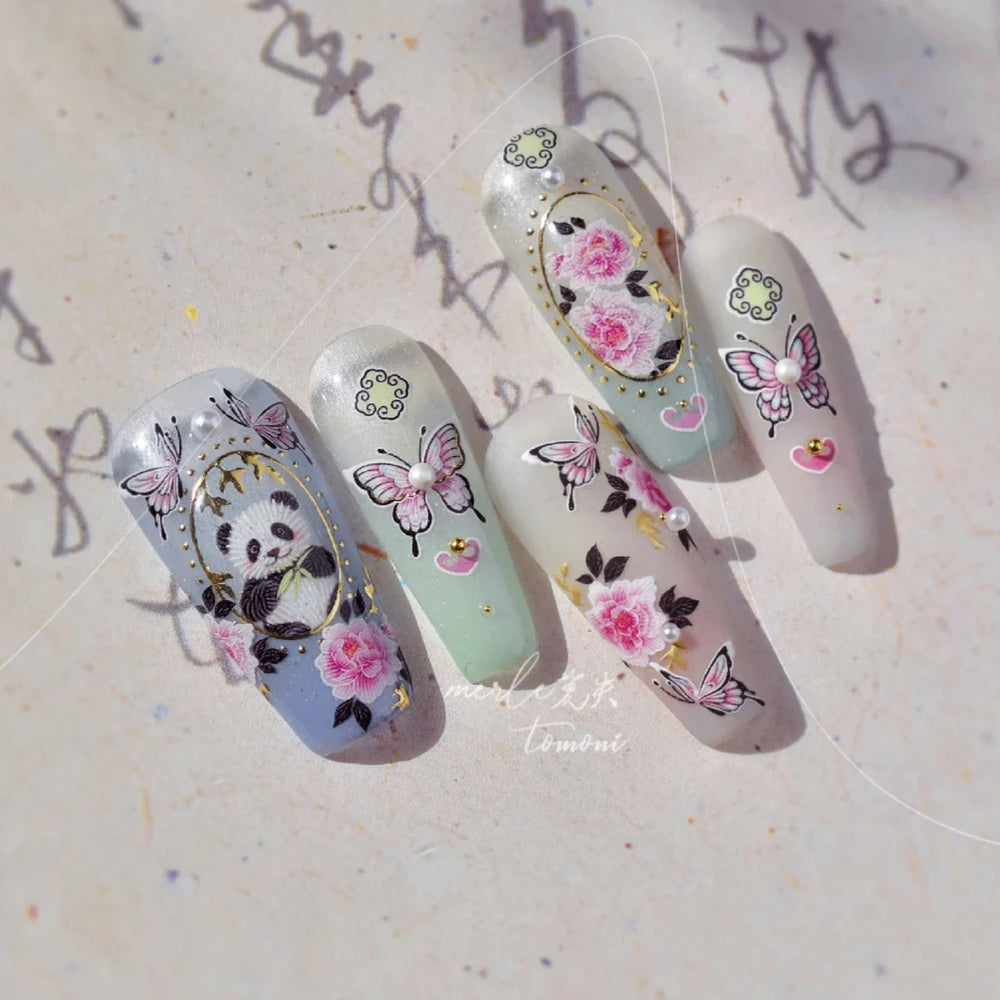 Panda Bamboo Butterfly Pattern Totem Figure Peony Flower Love Heart Adhesive Nail Art Stickers Embroidery Pearl Manicure Decals (ONLINE ORDER ONLY)